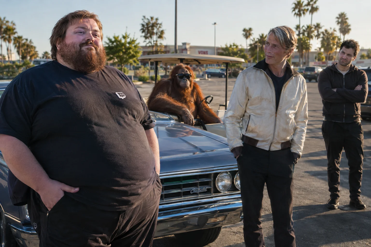 A broad man stands confidently beside a shiny vintage car in a sunlit parking lot, while an orangutan drives a golf cart and two onlookers watch with contrasting admiration and jealousy.