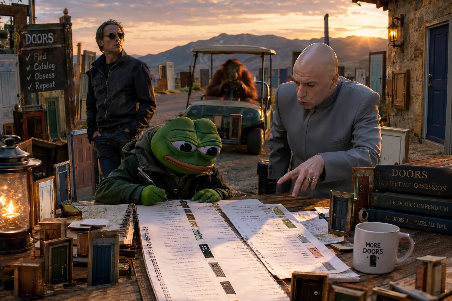 A tiny frog intensely catalogs door-filled lists at a cluttered roadside desk while a stern companion gestures nearby, with a cool figure and an orangutan driving a golf cart amid scattered doors in cinematic evening light.
