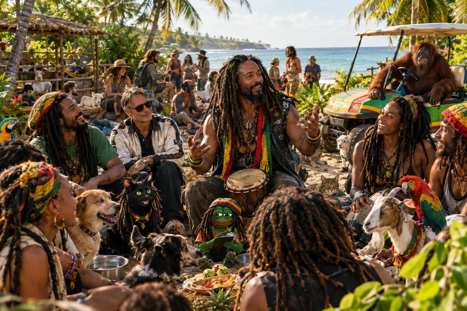 A dreadlocked leader guides a joyful multicultural gathering with rescued animals, a note-taking frog, and an orangutan in a golf cart on a sunny Jamaican beach beneath swaying palms.