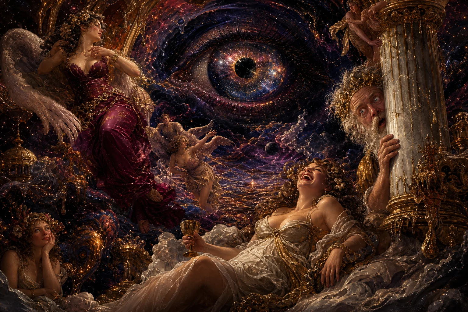 Adult angels and mythic nymphs drift through a surreal melting celestial landscape as a colossal galaxy-filled eye opens in the nebula, while a startled Zeus peeks from behind a golden column and one nymph laughs.
