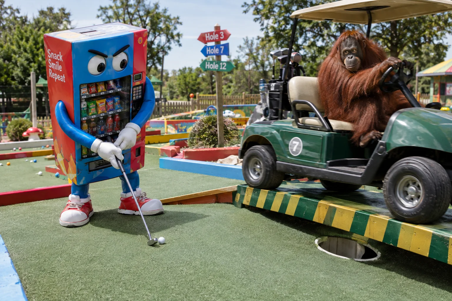 A whimsical miniature-golf course shows an expressive vending machine lining up a putt as a mischievous orangutan drives a golf cart across the lane, amid colorful obstacles and bright natural daylight.