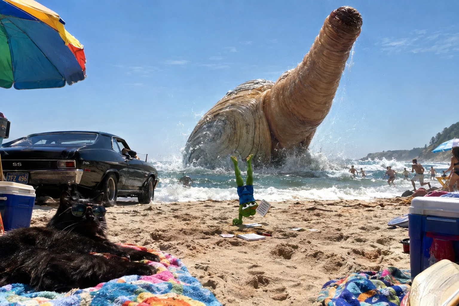 A colossal geoduck sea monster erupts from the shallow surf toward a sunny beach, while a tiny frog handstands in the sand and a sunglasses-wearing black cat lounges on a towel amid startled vacationers.