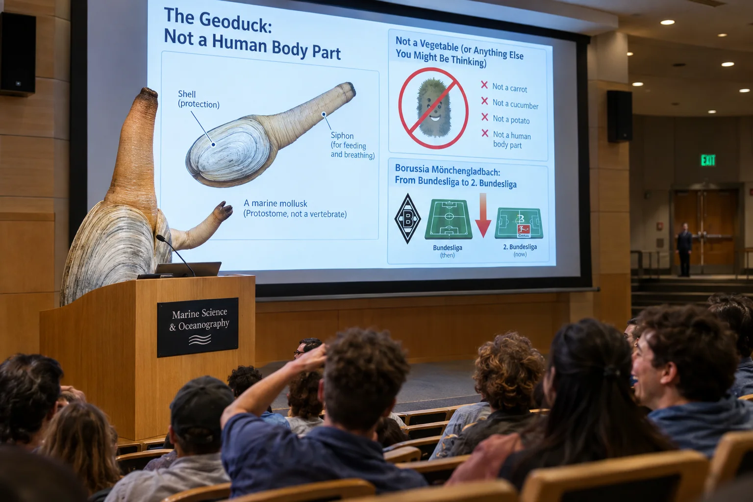 A colossal Pacific geoduck presents at a podium in a small lecture hall, gesturing toward humorous scientific slides as an amused audience watches under soft auditorium lighting.