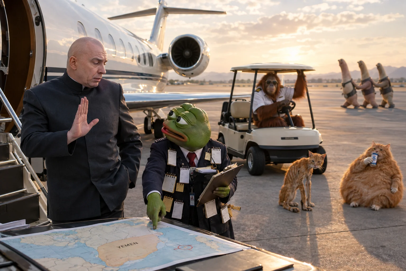 On a sunlit airport tarmac beside a private jet, a suited analyst argues with a tiny note-taking frog boss while an orangutan in a golf cart, two cats, and distant playful geoducks watch.