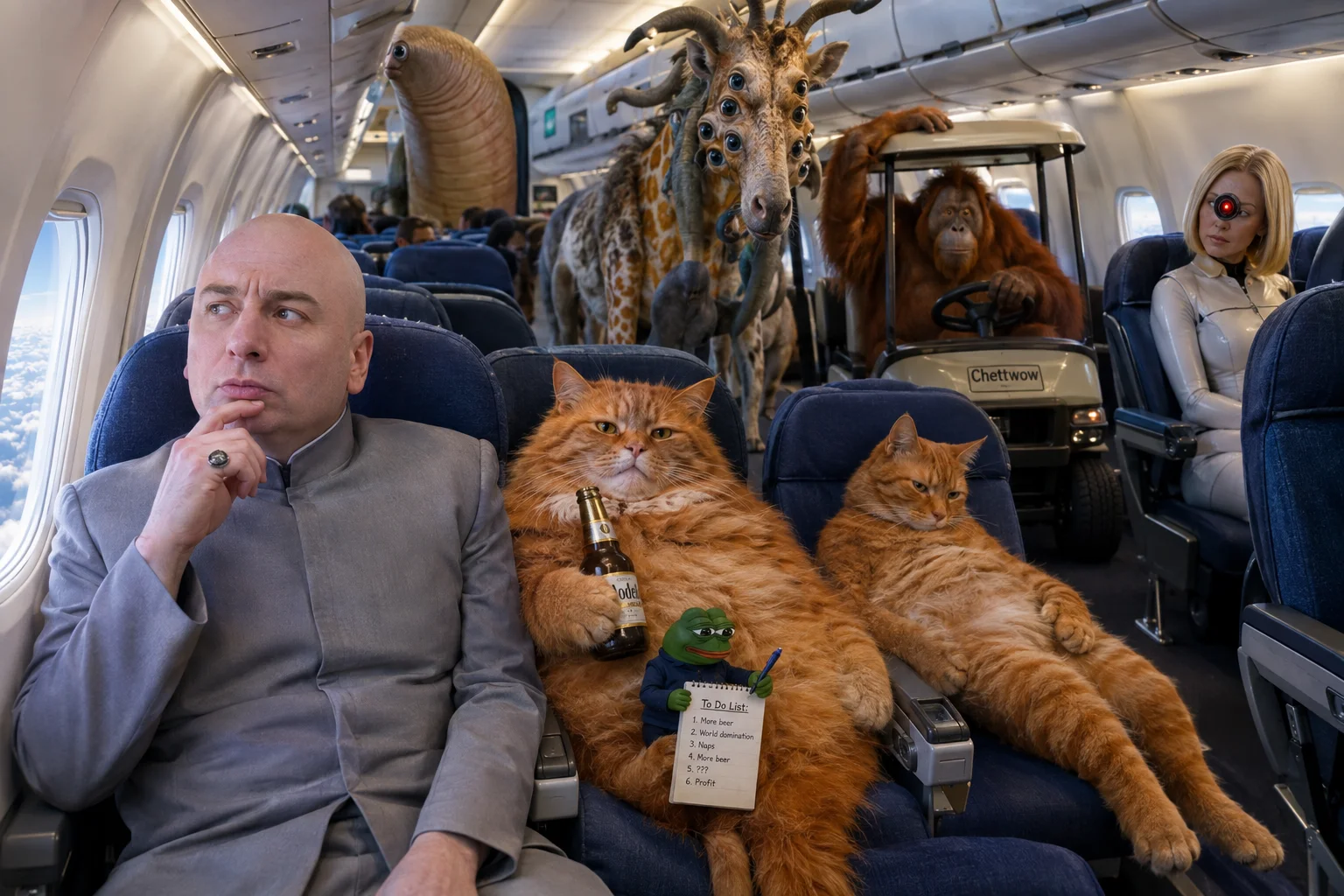 A thoughtful man styled as Dr. Evil sits by an airplane window in mid-flight, surrounded by surreal animal and android passengers, with clouds visible outside and a golf cart in the aisle.