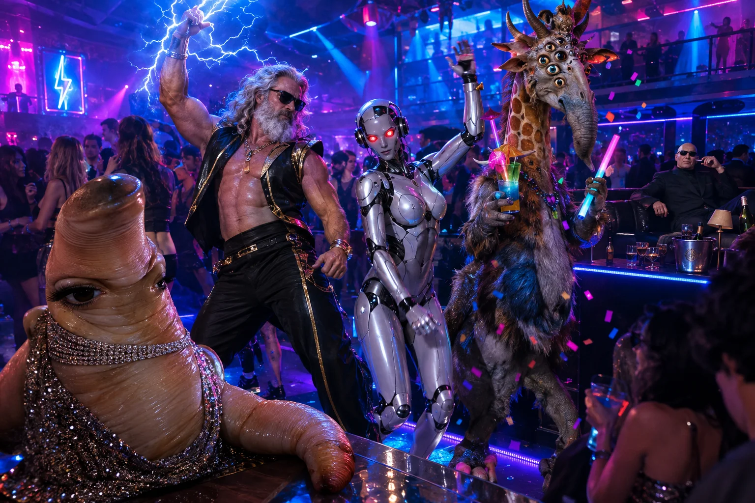 Zeus dances beneath neon blue and magenta lights with electric arcs around his raised hand, joined by a robotic android and surreal partygoers in a lively, hazy upscale nightclub.
