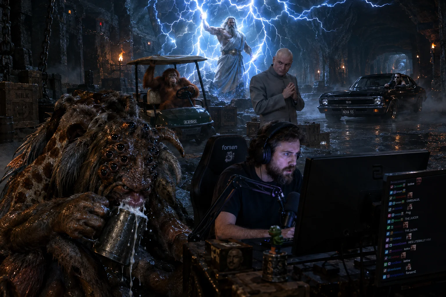 A focused streamer broadcasts from a desk in a vast, misty black-stone dungeon, surrounded by an angry eight-eyed milk-drinking hybrid, a golf-cart-driving orangutan, a sinister villain, Zeus’s lightning, and a parked muscle car.
