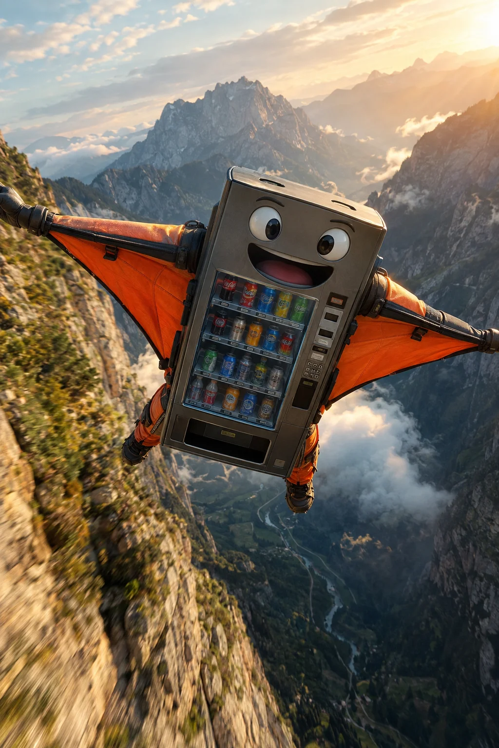 A whimsical vending machine with a face, limbs, and wingsuit soars through a dramatic mountain canyon, its wings spread above winding valleys and clouds in golden-hour light.