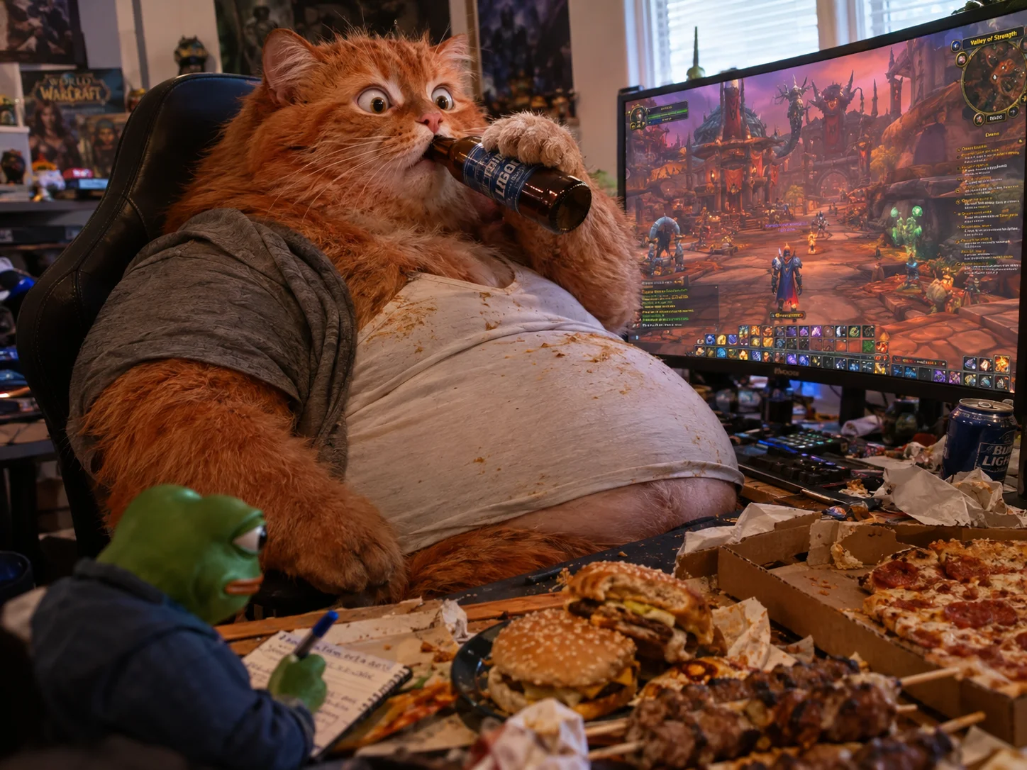 A scruffy, overweight red-haired cat sips beer at a cluttered gaming desk surrounded by fast food, while a tiny green frog takes notes and a colorful fantasy game glows on the monitor behind him.
