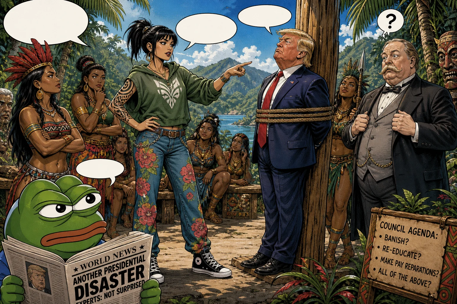 A comic-book council of Amazonian women debates beside a loosely tied captive caricature of Donald Trump, while William Howard Taft looks bewildered and Pepe the Frog reads a newspaper amid lush tropical foliage.