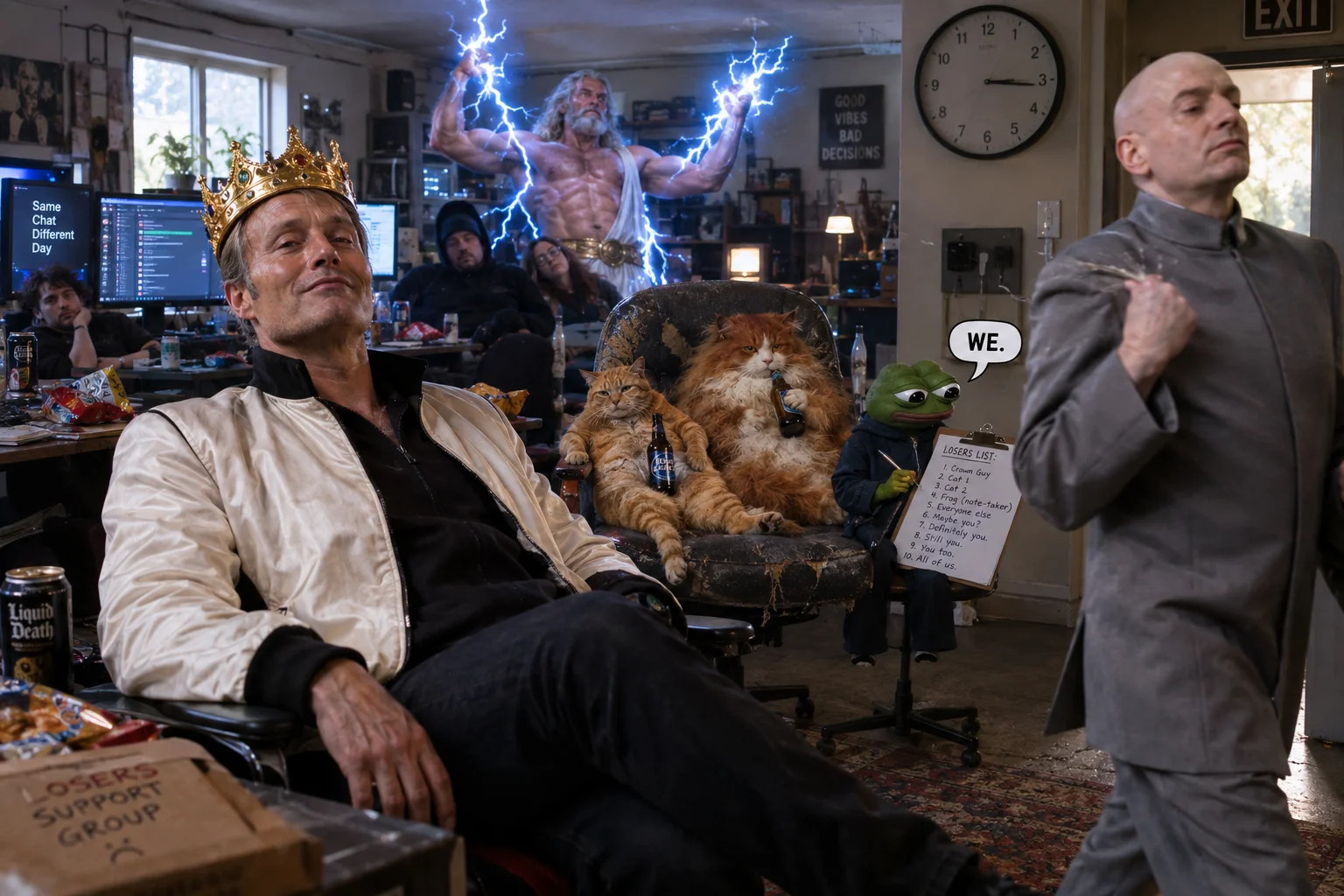 A crowned, self-satisfied man sits among slouching cats and a note-taking frog in a cluttered Sunday chatroom lounge, while a lightning-wielding figure poses in back and a suited villain exits.