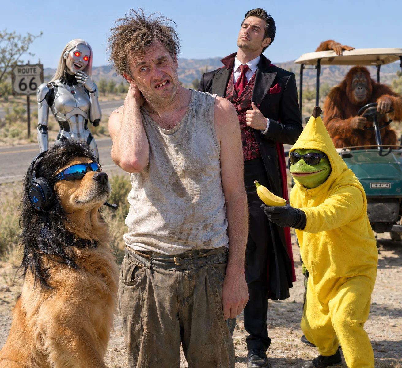 An embarrassed man poses on a sunny dusty roadside beside a smug golden retriever in sunglasses and a gaming headset, while a costumed frog offers him a banana and whimsical figures gather behind them.