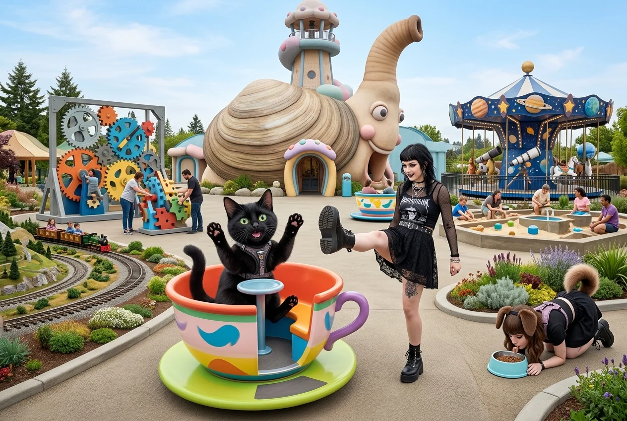 An inclusive autism-themed amusement park features a giant geoduck mascot, a delighted black cat on a ride, a goth woman high-kicking toward the camera, and a puppygirl in a quiet sensory garden.
