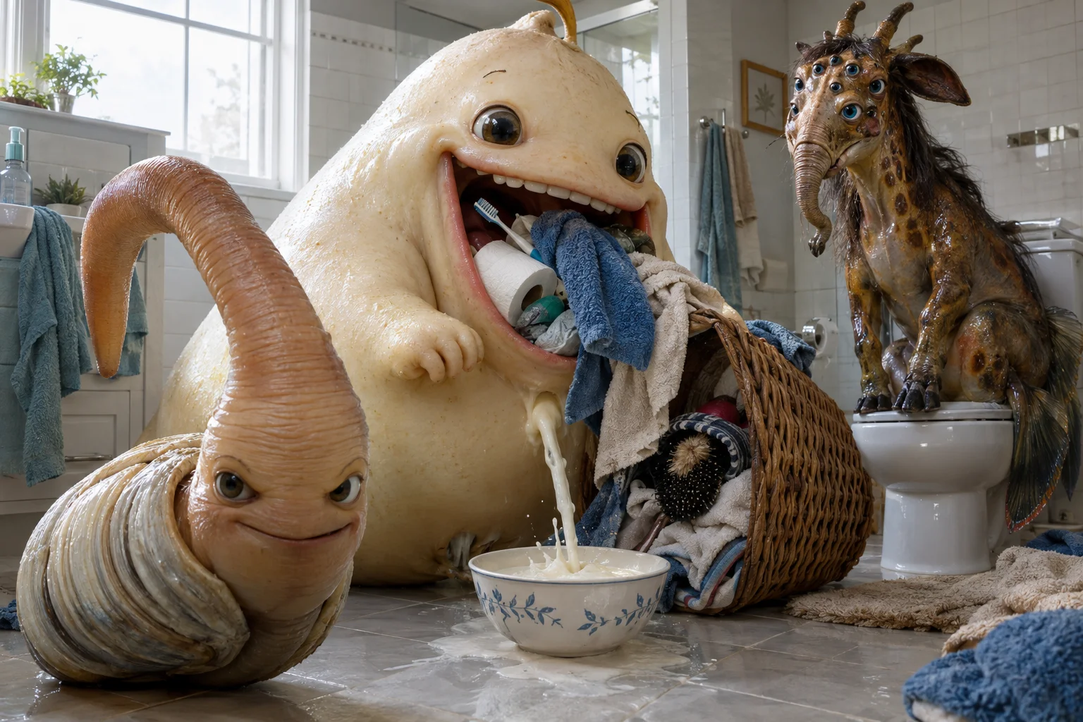 A giant faced fantasy creature devours bathroom objects while leaking almond milk, watched by a geoduck and an eight-eyed hybrid sitting on a toilet in a surreal bathroom.