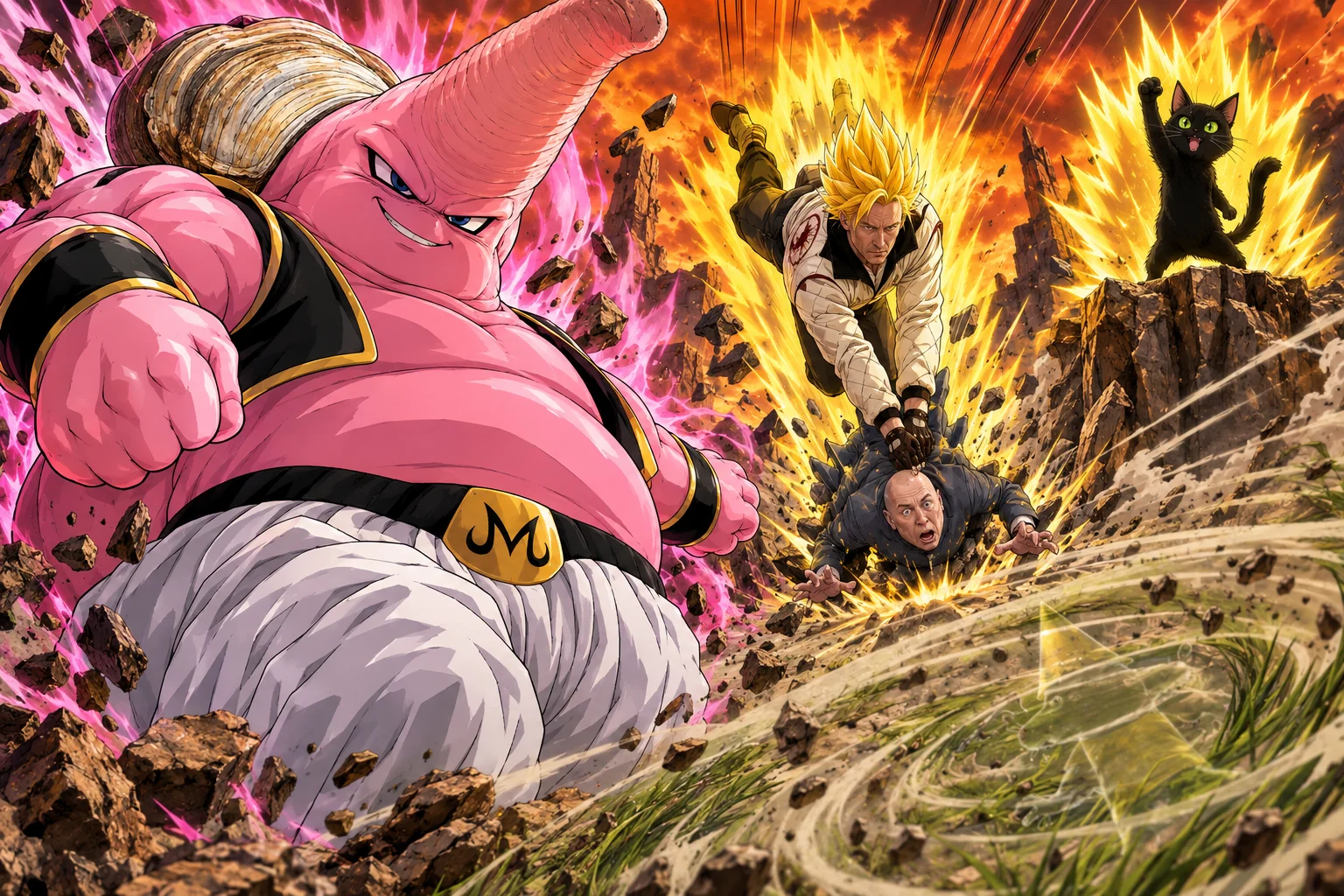 A colossal pink geoduck warrior battles in a shattered arena while a Super Saiyan pile-drives a realistic villain and a powerful black cat watches nearby.