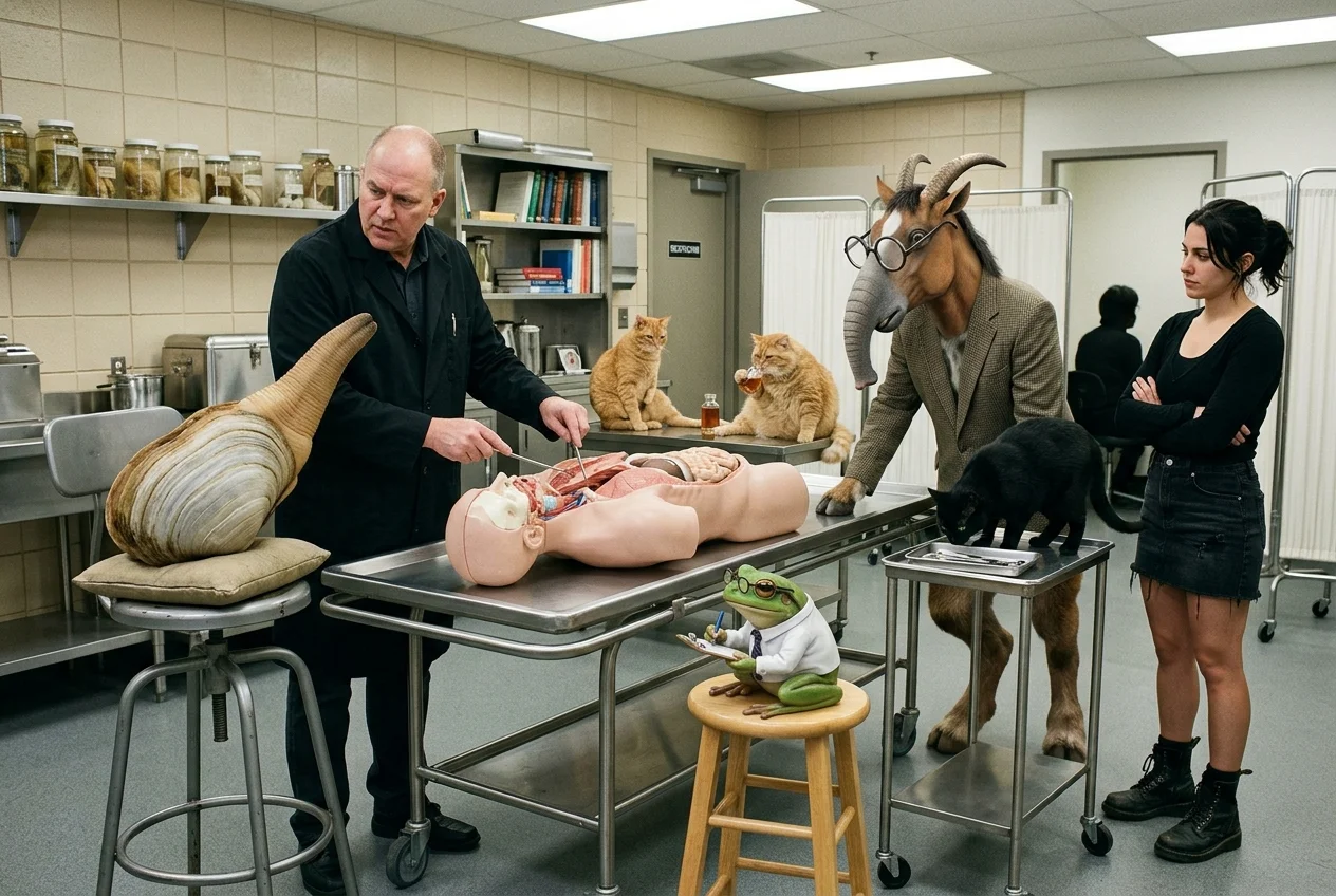 A stern examiner studies an anatomically correct human body model in a busy medical laboratory surrounded by unusual animal and humanoid observers.
