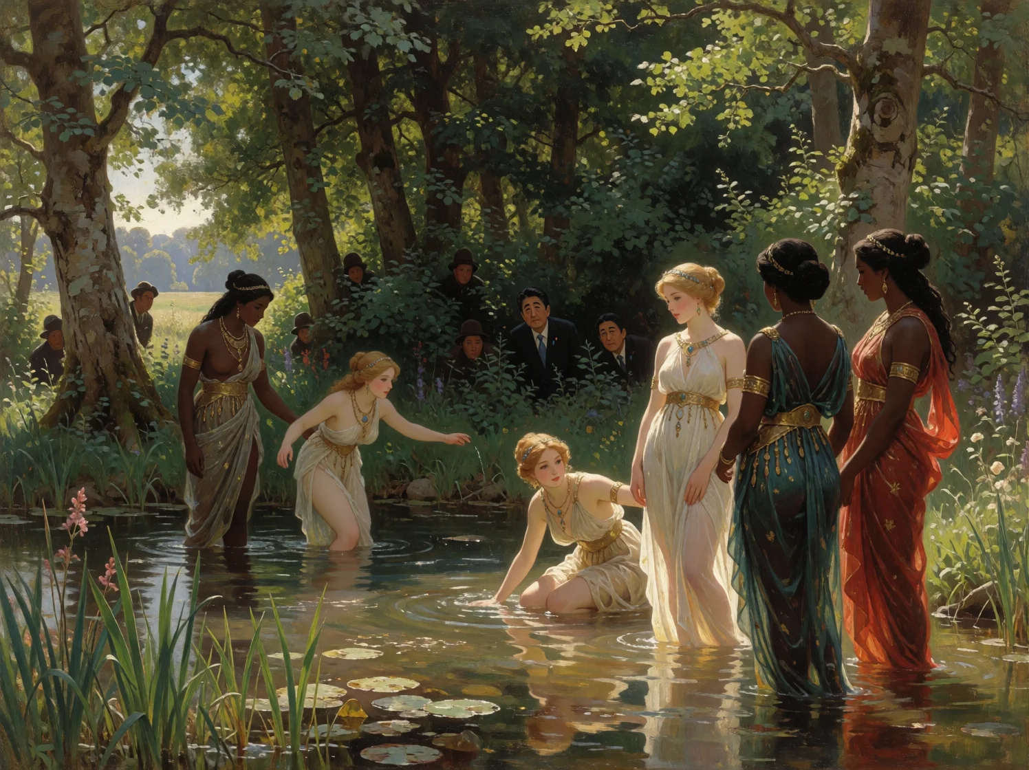 Bald nymphs and Amazonians in draped fabrics gather in a sunlit woodland pond while comic spies peer from behind the trees, creating a playful mythological scene with shimmering water and dappled light.