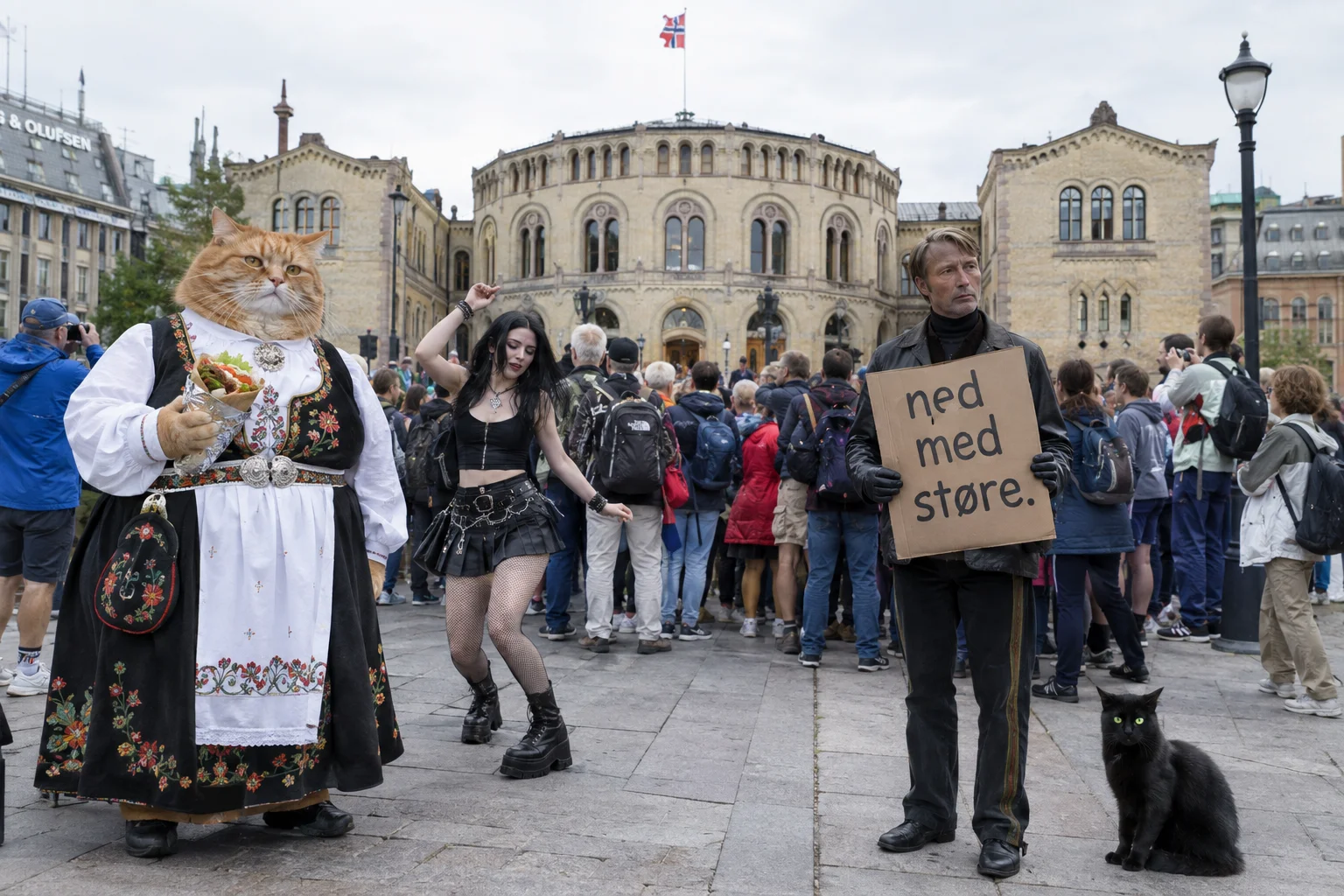 An orange cat in a Norwegian bunad holds a kebab roll outside Oslo’s Stortinget as a goth dancer, protester, black cat, and tourists fill the walkway.