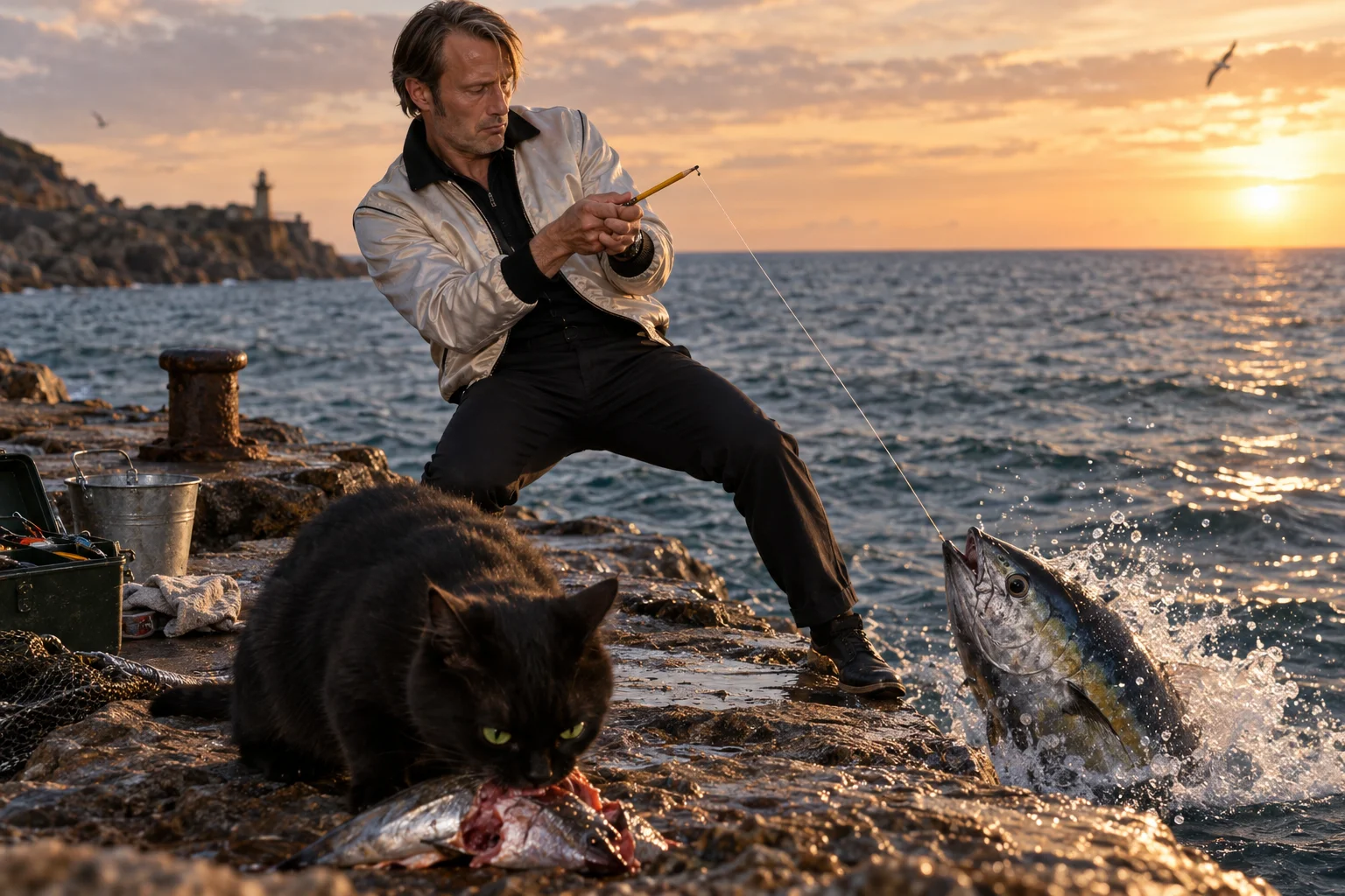 A stylish fisherman uses a pencil to catch a tuna from a rocky pier while a cute black cat eats the catch in the golden-hour seaside foreground.