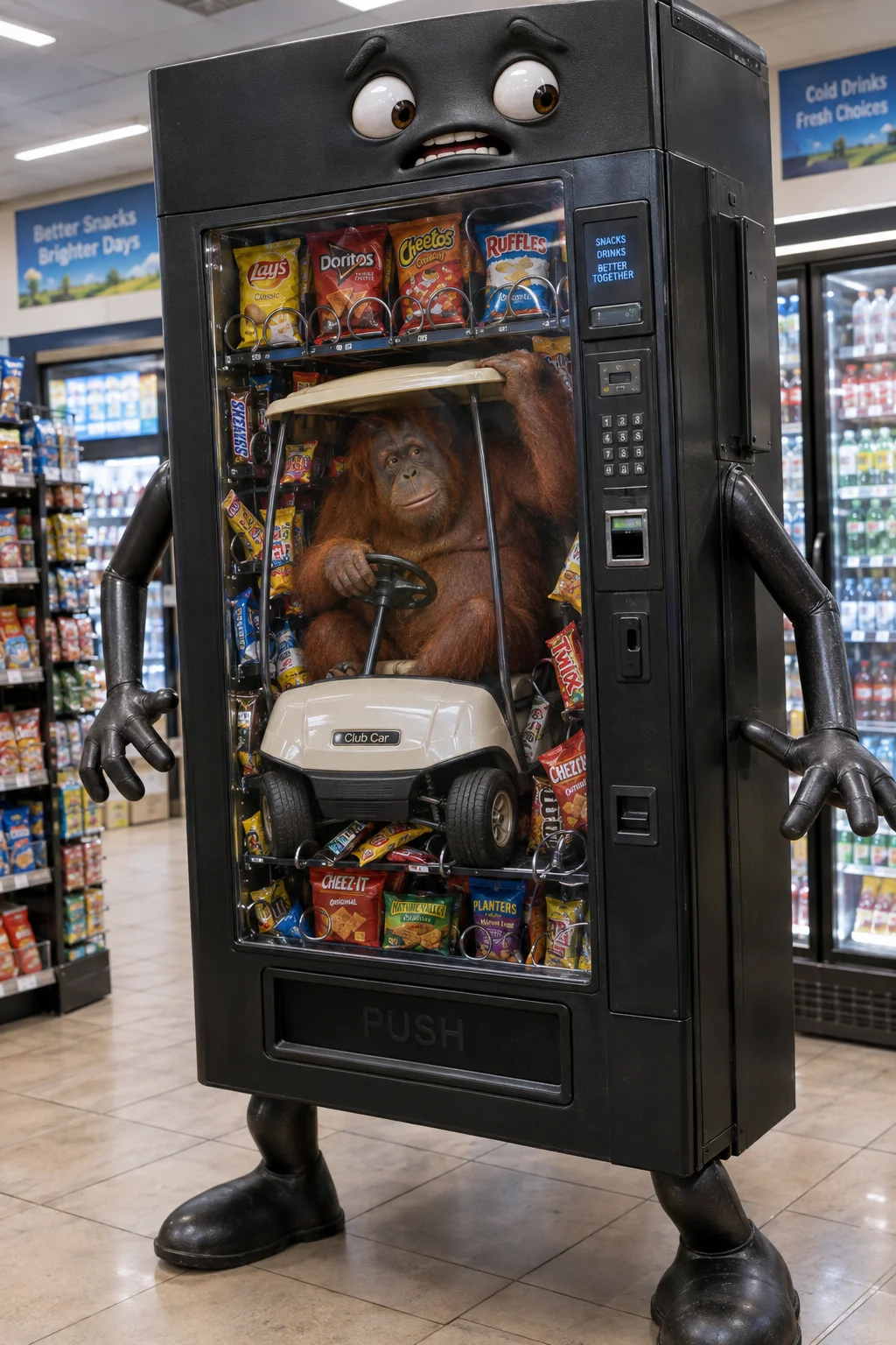 A vending machine with arms and legs has an orangutan and its golf cart visibly stuck inside its glass front in a convenience-store aisle.