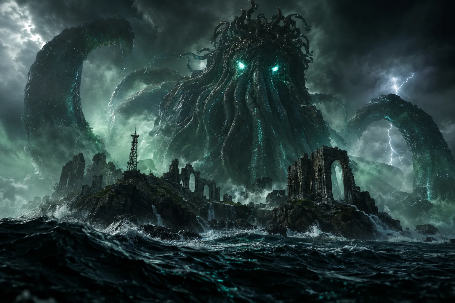 A colossal tentacled sea deity emerges from a stormy ocean among drowned ruins, illuminated by eerie teal eyes and lightning.