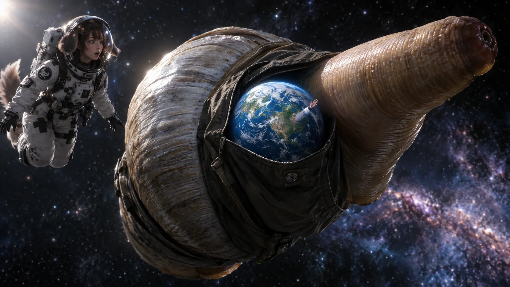 A colossal geoduck carries planet Earth in its pocket while a goth puppygirl astronaut floats nearby in deep space, and a tiny arm reaches from the miniature planet.