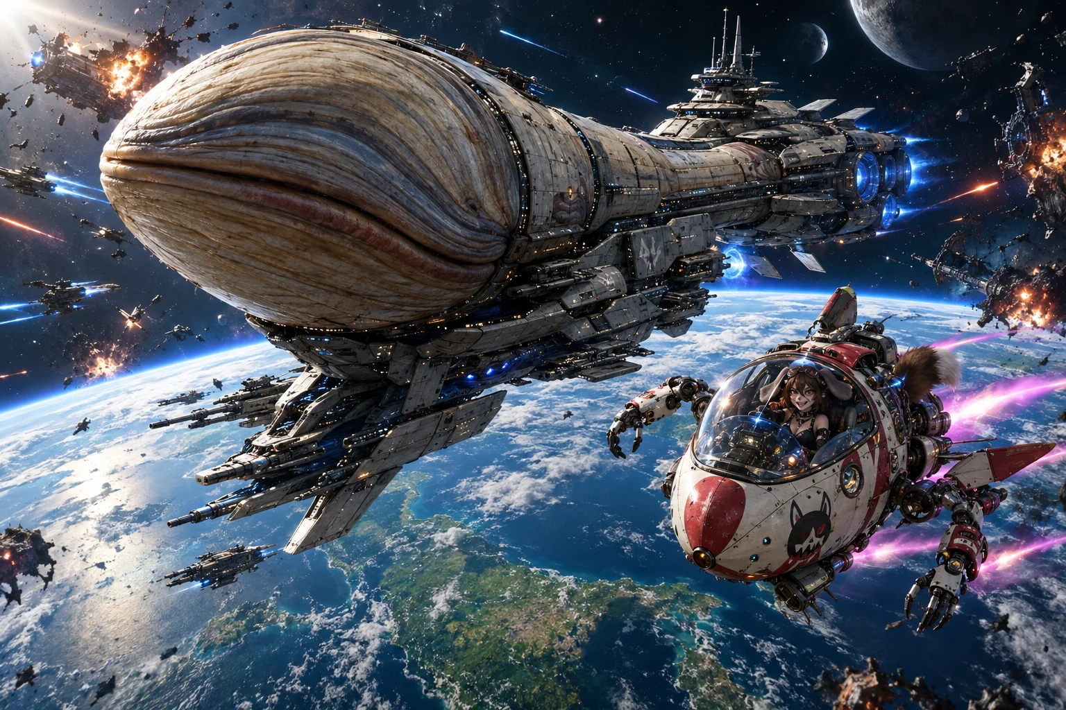 A colossal geoduck-inspired flagship battles an eccentric egg-shaped vessel above an Earth-like planet in a dramatic orbital space war.