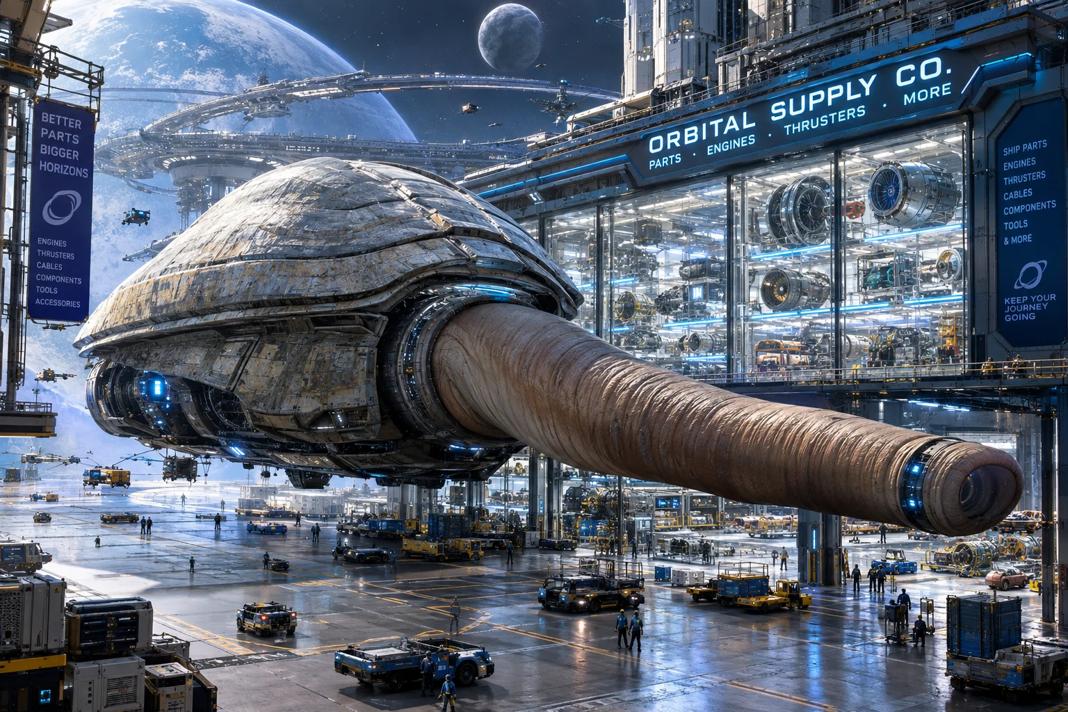 A colossal sci-fi starship inspired by a Pacific geoduck arrives at a futuristic space hardware store to purchase replacement ship parts.