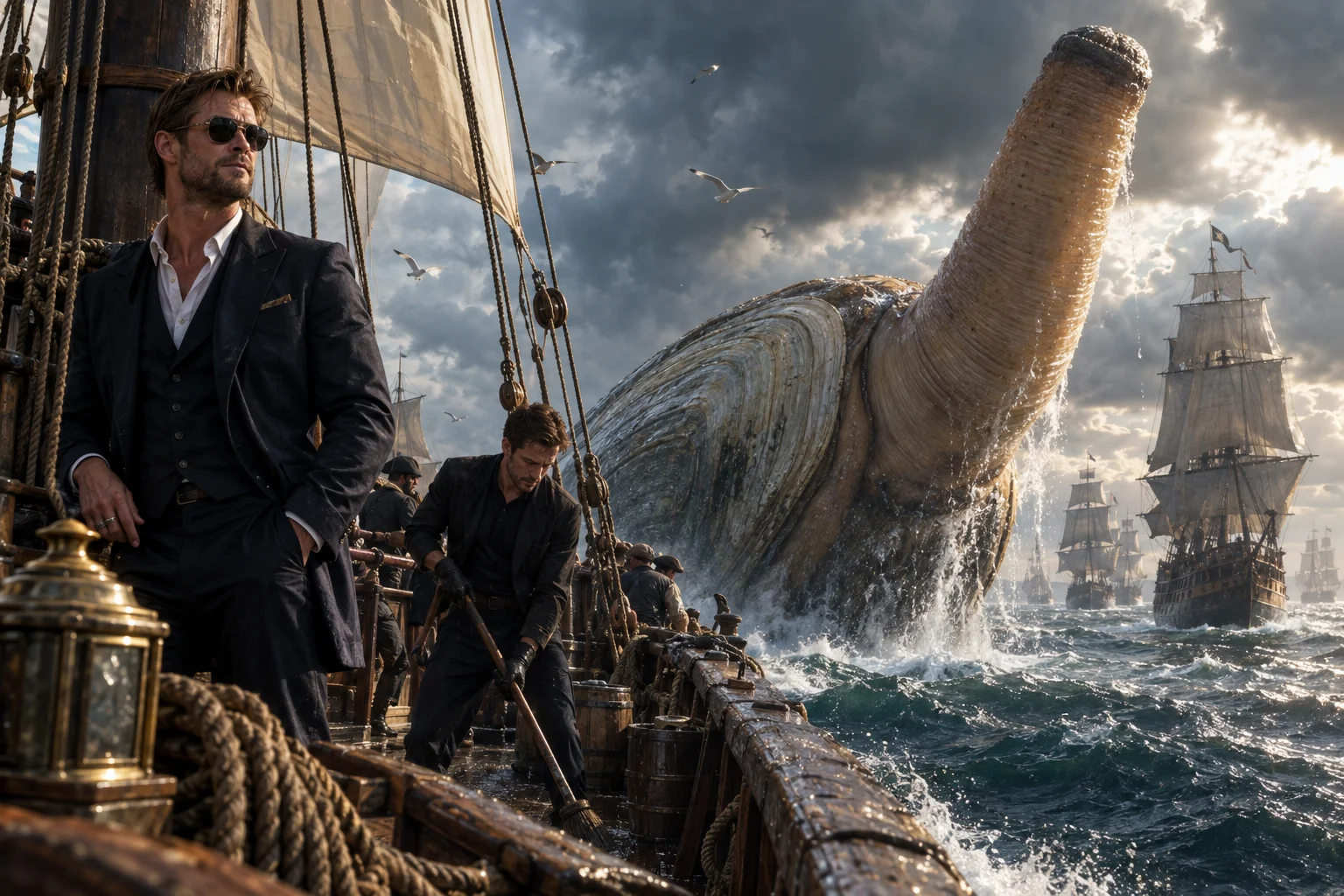 A colossal starship-inspired geoduck towers beside wooden pirate ships while a sunglass-wearing pirate and a deck-swabbing sailor work aboard the nearest vessel.