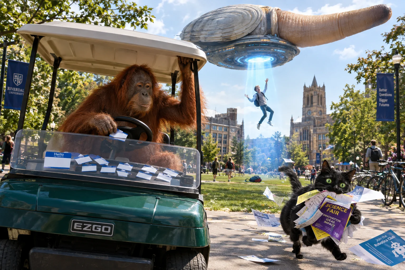 An orangutan in a golf cart tries to name himself on a college campus while a flying geoduck abducts a student and a black cat catches stray papers.