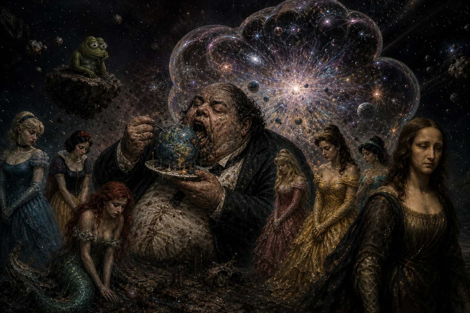 A grotesque gourmand in a stained suit eats a miniature Earth like dessert in deep space, while a surreal Big Bang bubble and grieving fairy-tale princesses surround the cosmic tableau.