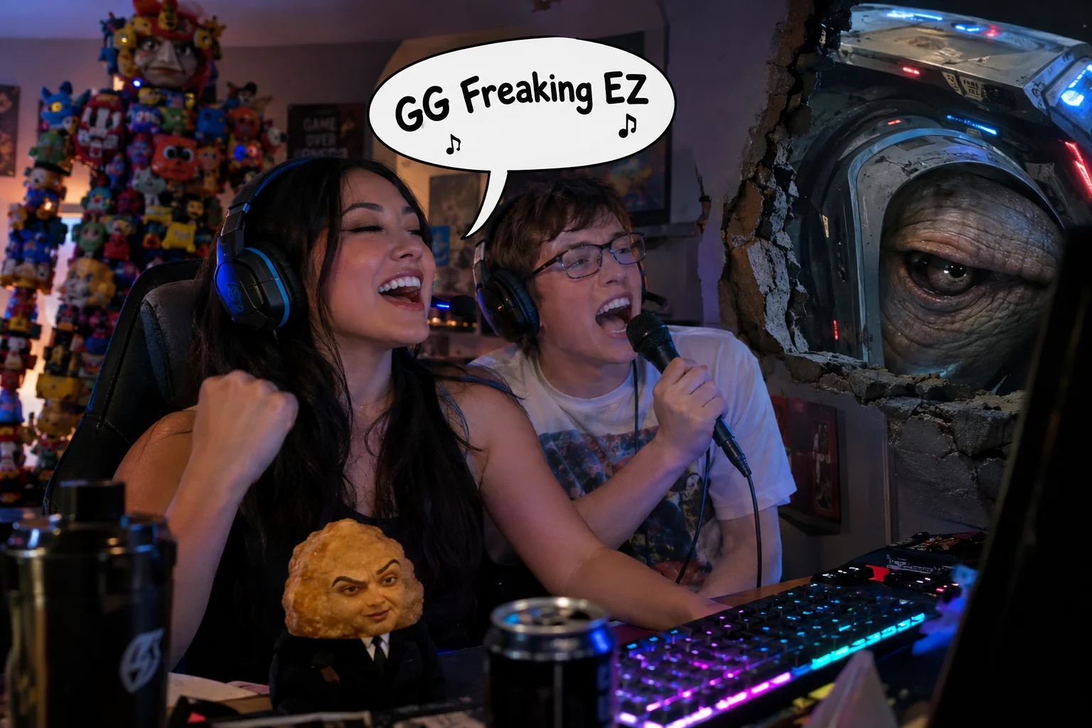An adult gamer woman and a nervous singing companion celebrate in a glowing gaming room while a hidden starship-like geoduck peers through the wall and sings along.
