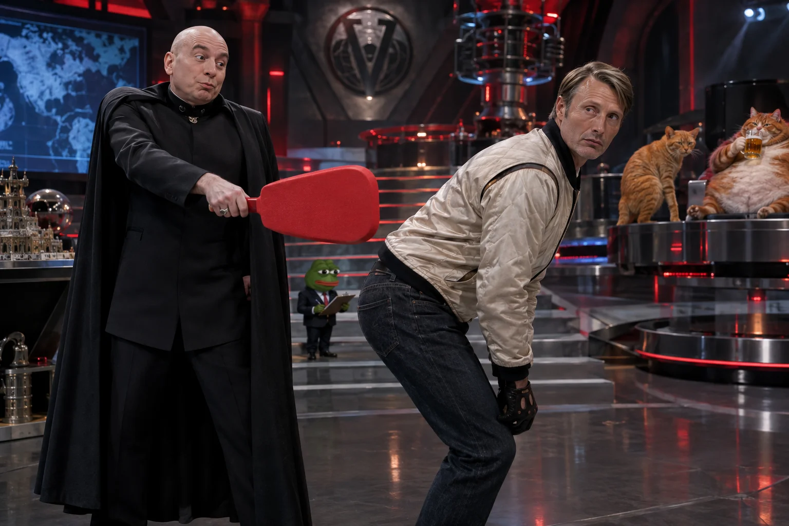 A theatrical villain gives a fully clothed man a harmless foam-paddle tap in a comic lair while a note-taking frog and two cats watch.