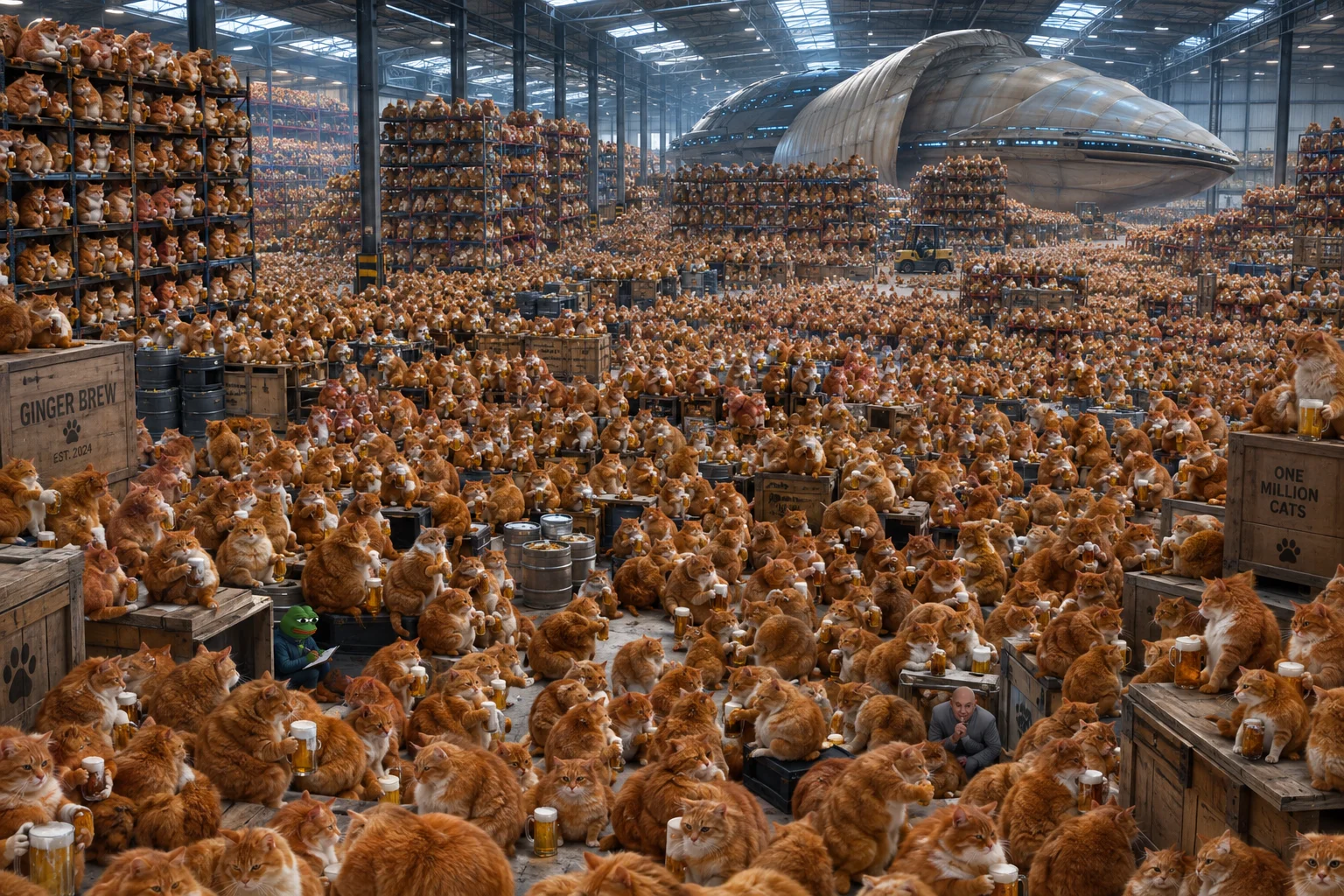 A vast warehouse overflowing with one million beer-sipping red-haired cats, while a tiny note-taking frog, a supervillain, and a colossal spaceship-like geoduck hide among them.