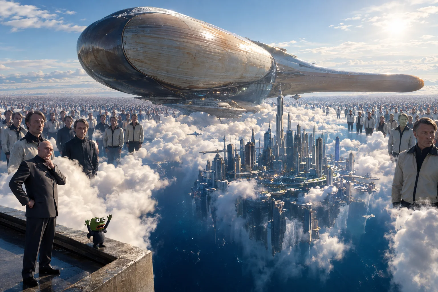 A colossal sci-fi geoduck starship towers over a sunny skyline above the clouds, while a tiny panicking frog and an endless crowd overlook a terrifying ocean abyss.