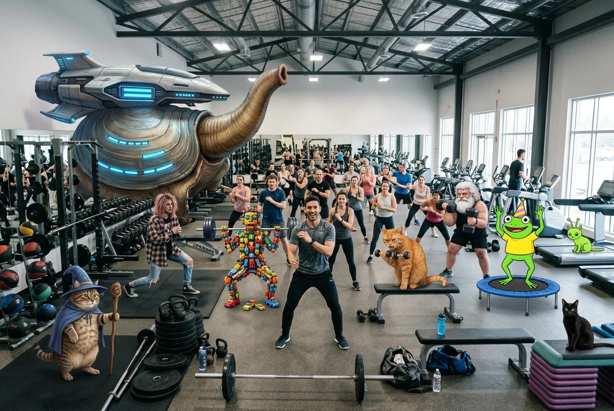 A surreal group workout fills a modern gym, led by Nymn among fantastical gym-goers, including a toy-built figure, wizard cat, lime-green frog, and colossal starship-like geoduck.