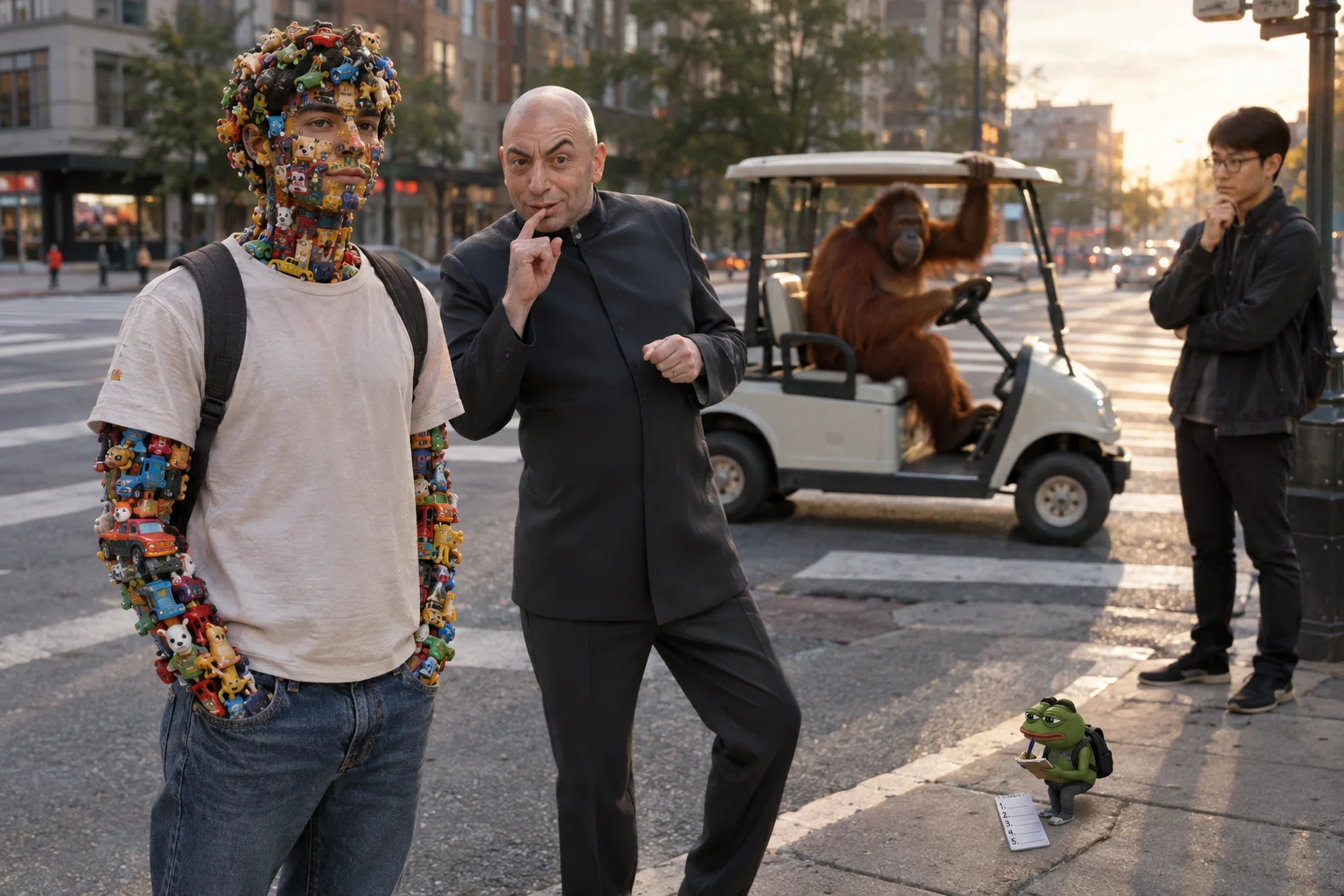 A normal person faces a bizarre villain as an orangutan drives a golf cart through a city intersection, while an observer thinks and a tiny frog takes notes.