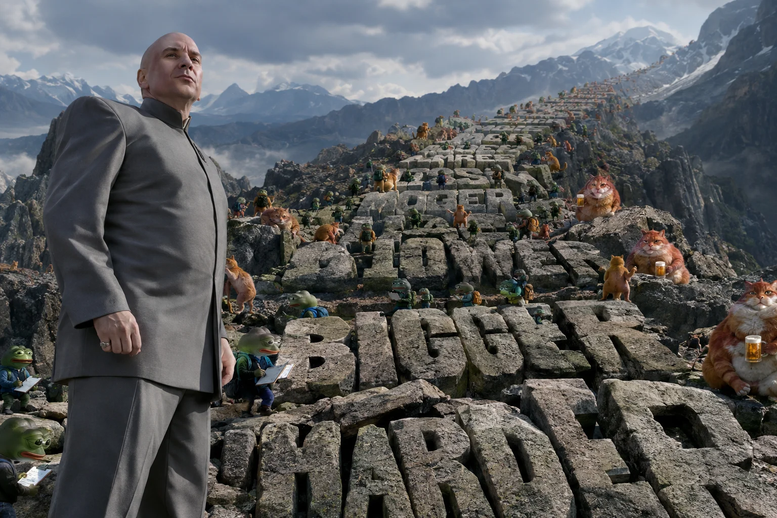 Dr. Evil stands rigidly on an arduous mountain path built from giant letter blocks, surrounded by endless note-taking frogs, beer-sipping red-haired cats, and hunched orange cats.