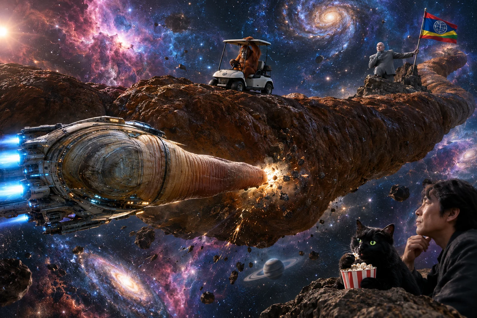 A geoduck battles a colossal cosmic turd while an orangutan drives across it, a cat eats popcorn, and a flag-waving villain watches in deep space.