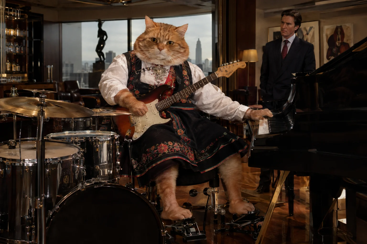 An overweight orange cat in a Norwegian bunad plays guitar, drums, and piano simultaneously as Patrick Bateman listens in an elegant 1980s Manhattan music room.