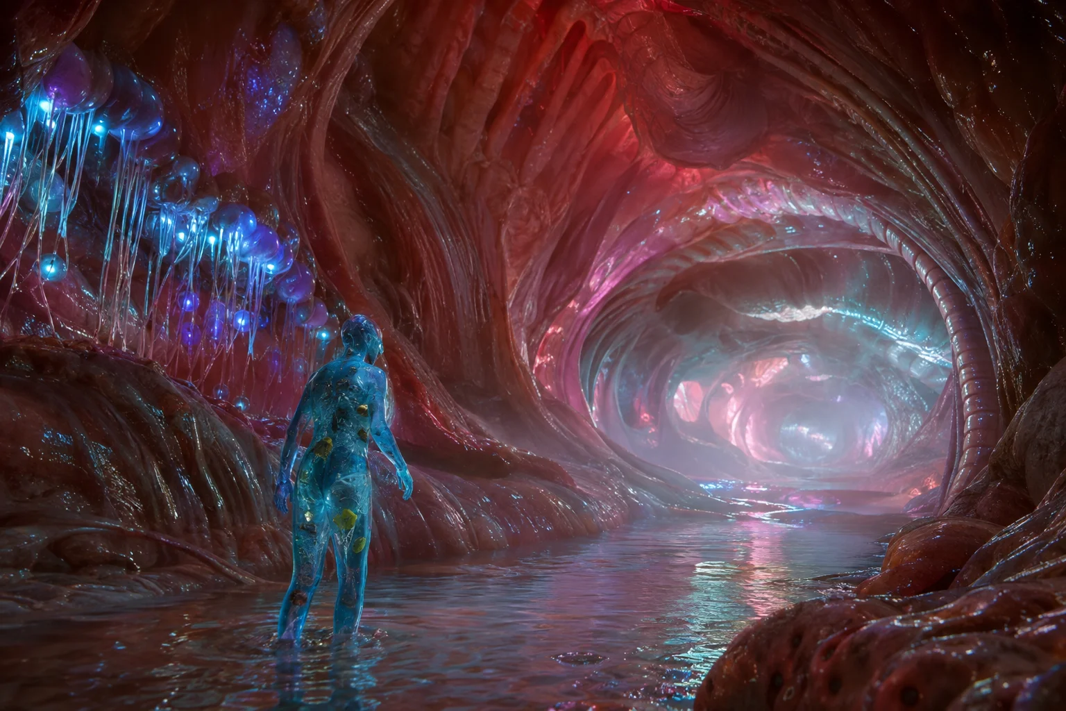 A transparent water humanoid explores the glowing, slimy inner tunnels of a colossal fleshy galactic creature.