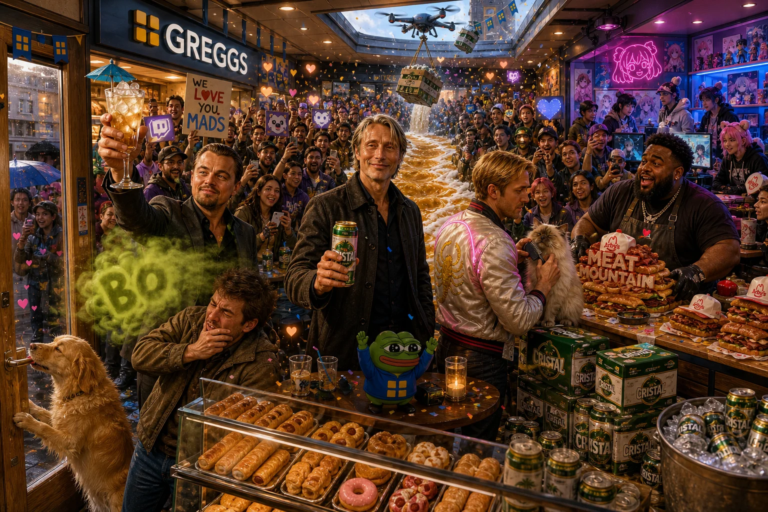 A whimsical bakery livestream party overflows with colorful characters, pastries, beer, confetti, a burger giveaway, anime decorations, a drone delivery, a playful stink cloud, and a dog kissing the door.