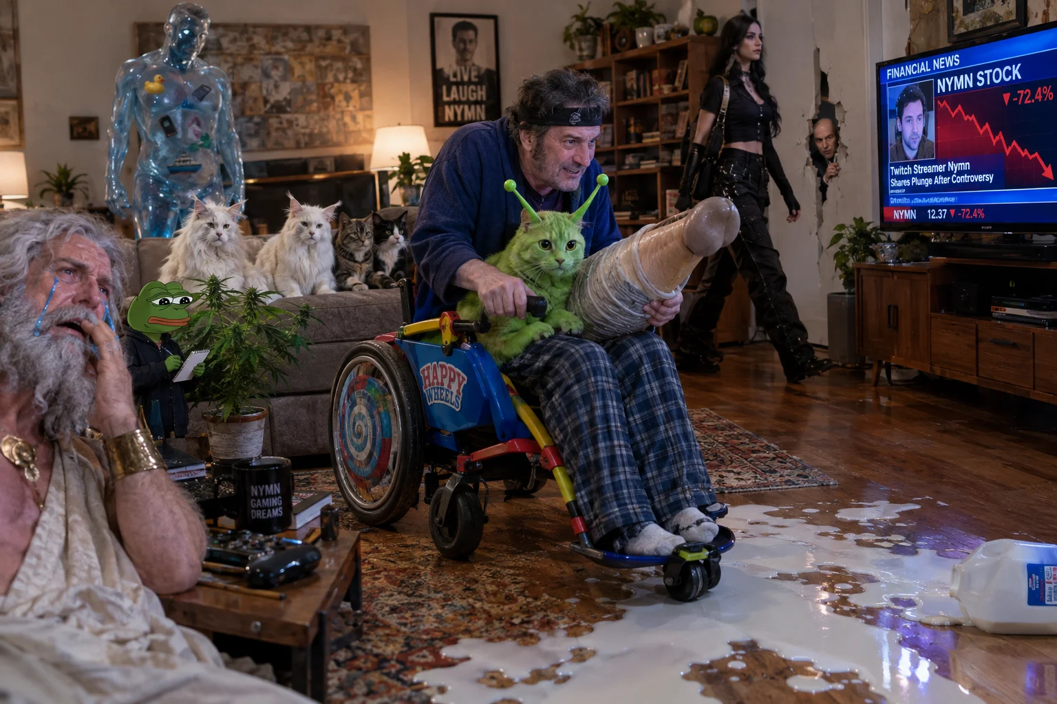 A grandpa rides Happy Wheels with a lime-green alien cat and giant geoduck on his lap as judging cats watch from a couch amid spilled milk, a TV stock crash, and surreal living-room visitors.
