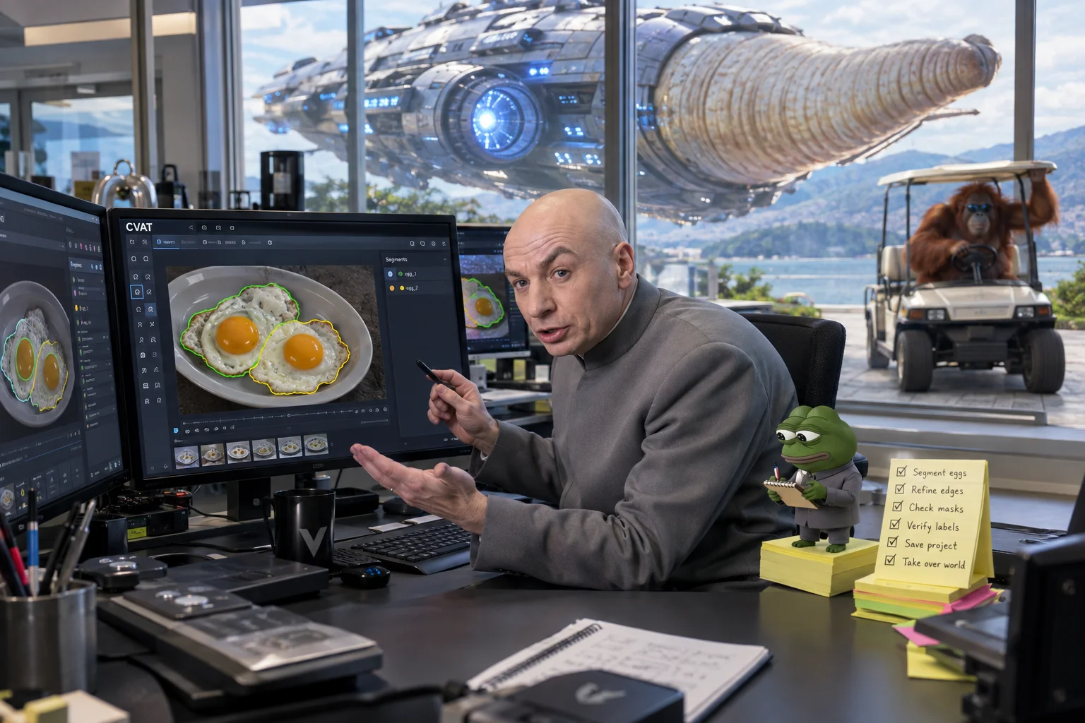Dr. Evil annotates fried eggs on a computer while teaching a note-taking frog, as a starship-like geoduck and golf-cart-driving orangutan approach outside the lab.