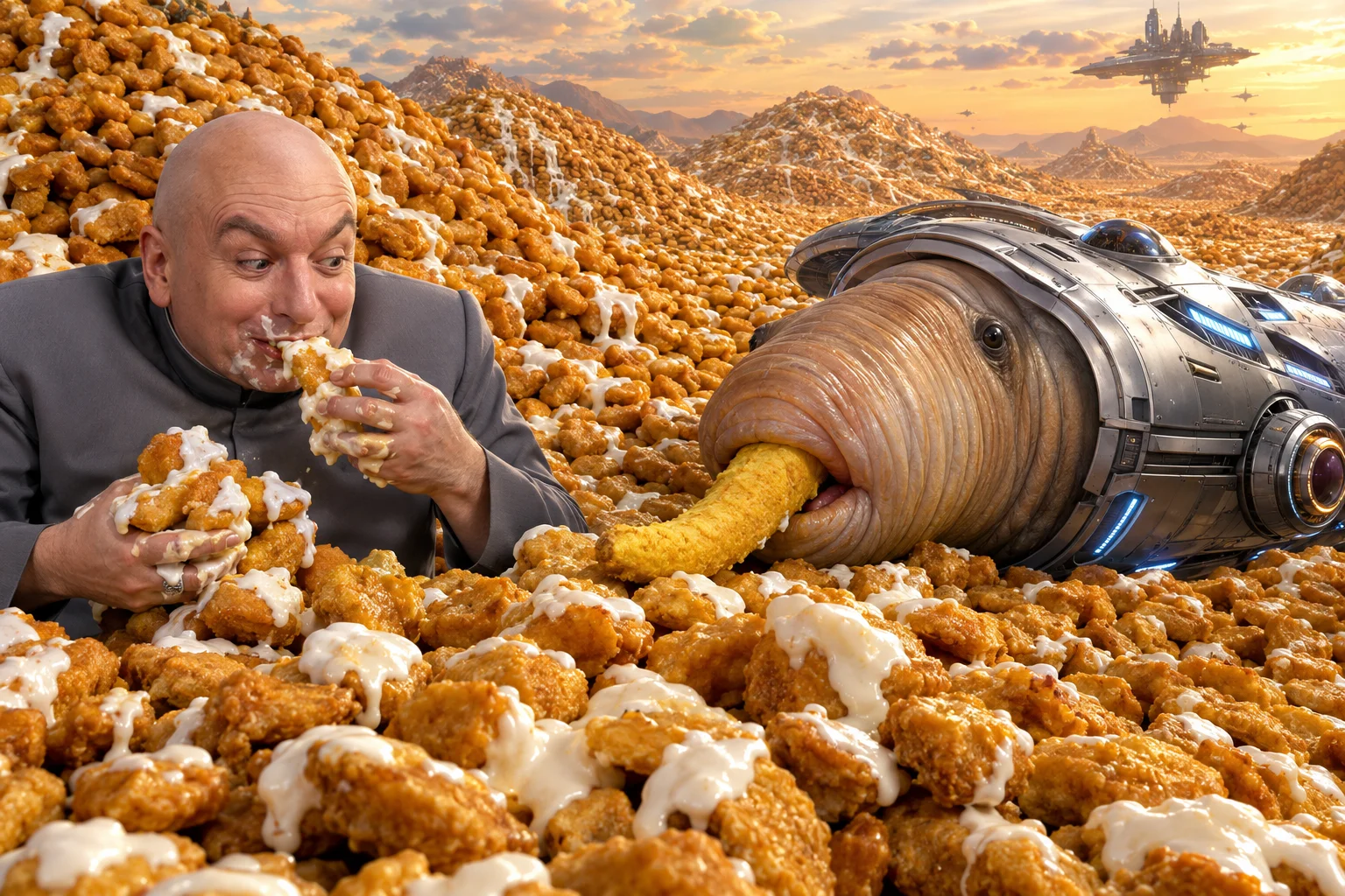 A Dr. Evil-inspired villain eats a mountain of mayo-covered nuggets while a colossal starship-like geoduck bites a banana-shaped nugget in a surreal food landscape.