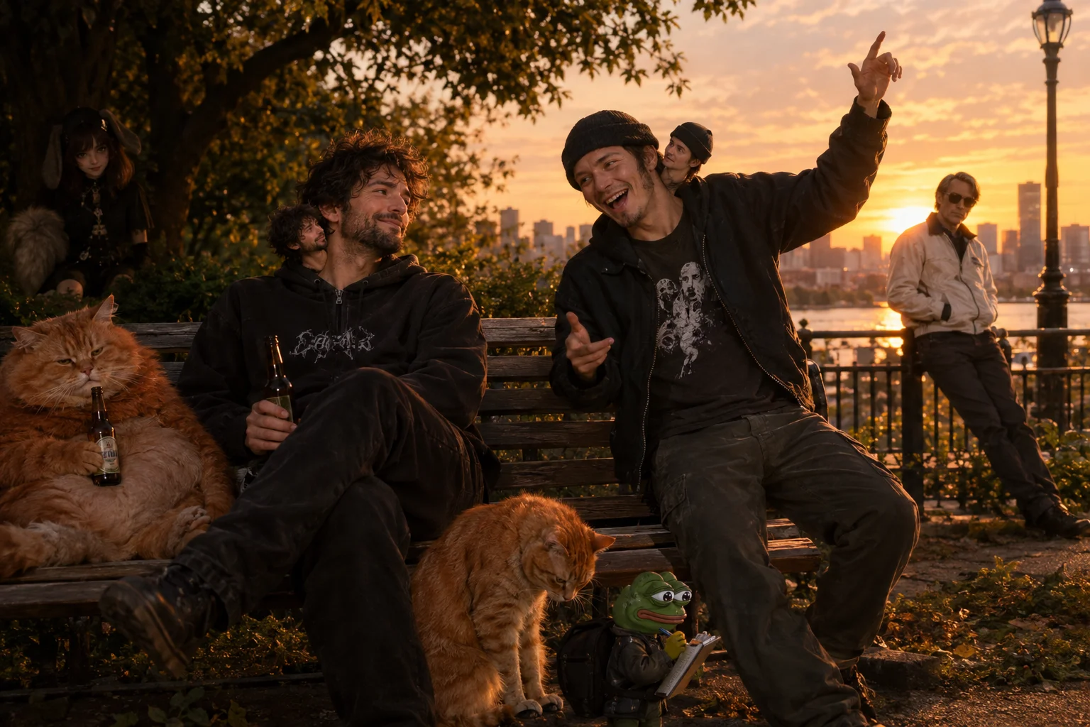 Kloydan and buttcker hang out in a sunny park while buttcker dances, surrounded by a beer-sipping cat, note-taking frog, stylish onlooker, and shadowy goth puppygirl.