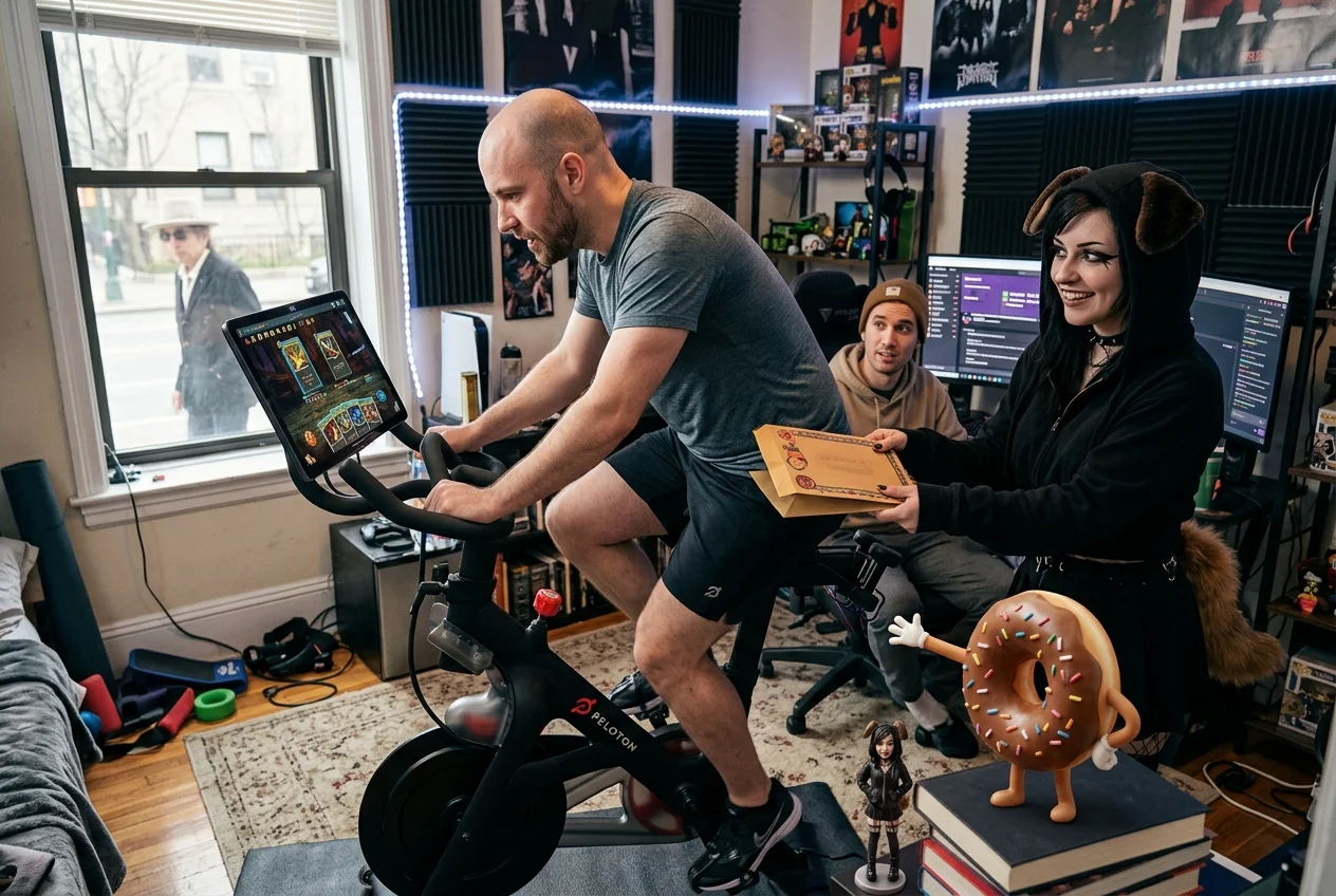 A bald streamer pedals an exercise bike while playing a fantasy card game, joined by a goth puppygirl, a donut prankster, another streamer, and Bob Dylan outside the bedroom window.