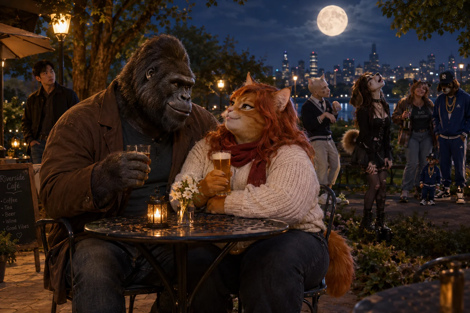 A gorilla and red-haired cat share a wholesome moonlit café date while costumed onlookers gather in a city park.