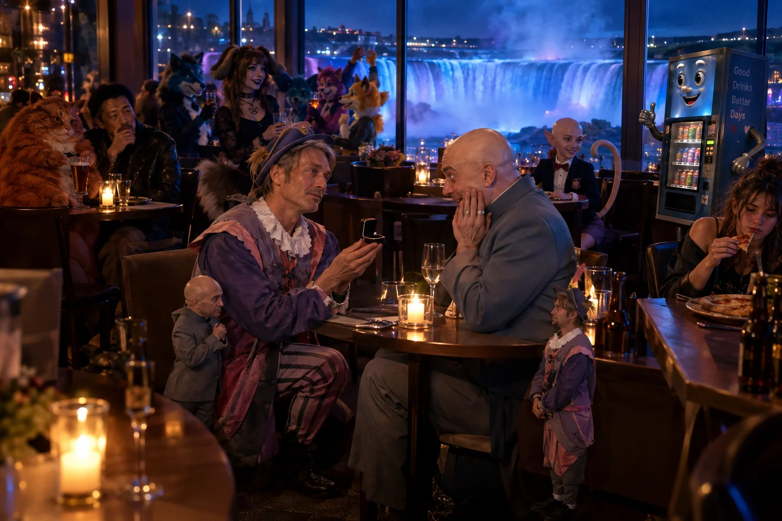A romantic proposal unfolds in a moody restaurant overlooking Niagara Falls, surrounded by quirky diners, furry partygoers, pizza, beer, and a thoughtful onlooker.