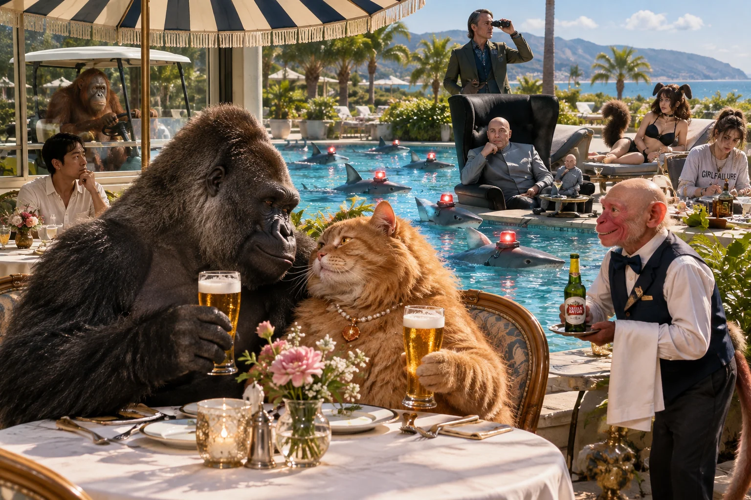 A silverback gorilla and red-haired cat enjoy a romantic beer date at a poolside restaurant while bizarre guests, sharks, and onlookers fill the sunny resort.